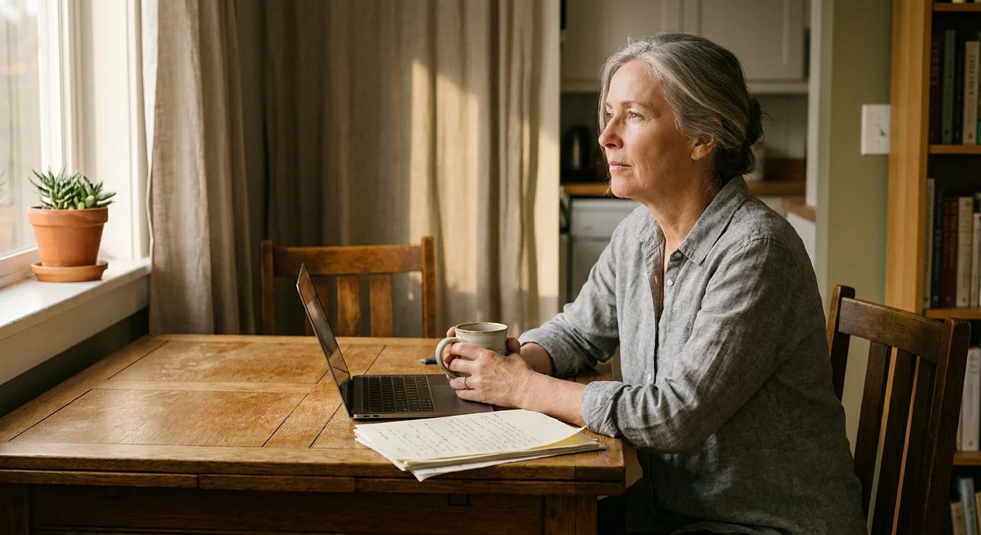A woman in her 60s sits at a sunlit wooden table in a moment of quiet reflection, representing personal peace.