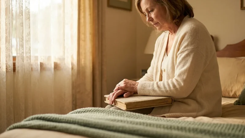 A woman in her 60s sits on a bed in morning light, holding a photo album and reflecting on a dream.