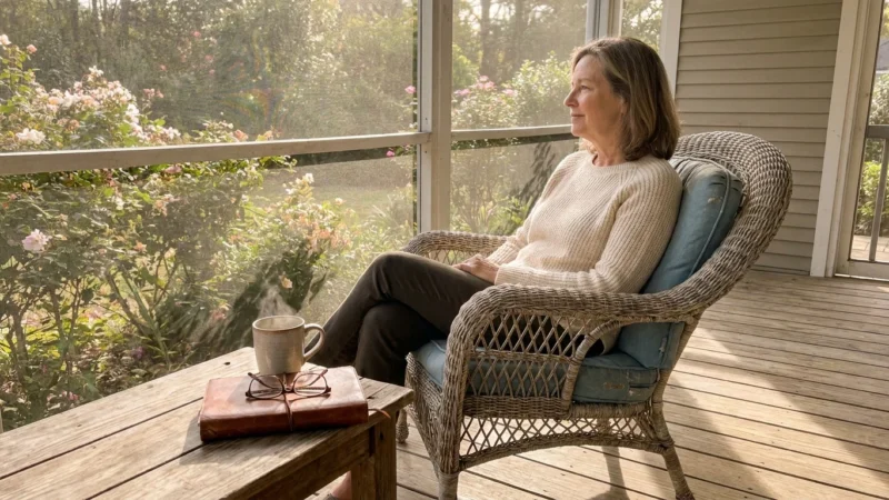 A woman in her 60s sits peacefully on a sunlit porch with a cup of tea, looking out at her garden in a quiet moment of reflection.