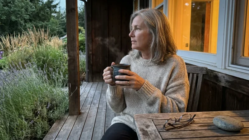 A woman in her late 50s sits peacefully on a porch at dusk, holding a steaming mug and looking out at a garden, embodying quiet strength.