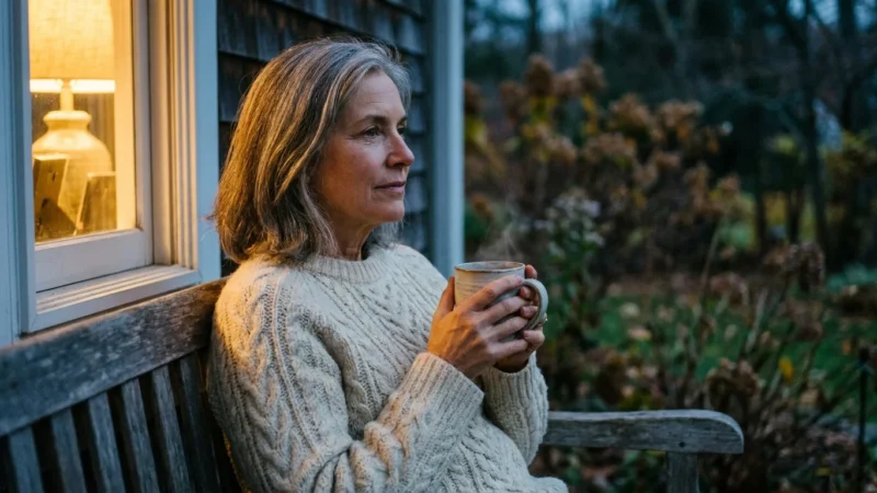 A woman in her late 50s sits reflectively on a porch at twilight, holding a warm mug and wearing a thick sweater.