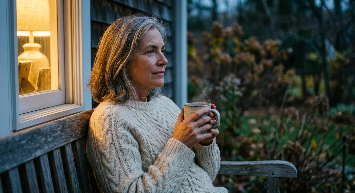 A woman in her late 50s sits reflectively on a porch at twilight, holding a warm mug and wearing a thick sweater.