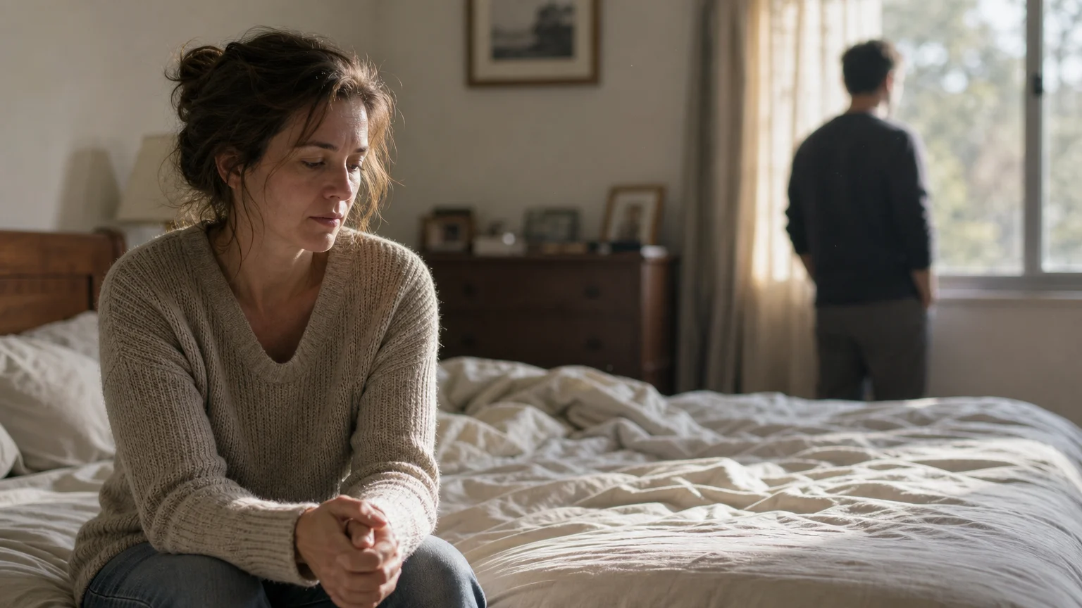 A woman sits thoughtfully on the edge of a bed in soft afternoon light, with her partner standing out of focus in the background.