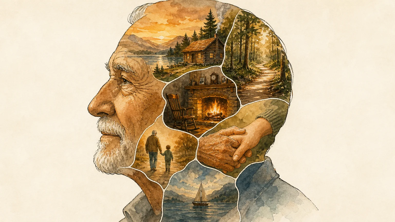 An artistic watercolor silhouette of a profile filled with a mosaic of lifetime memories like a cabin, a path, and a hearth.
