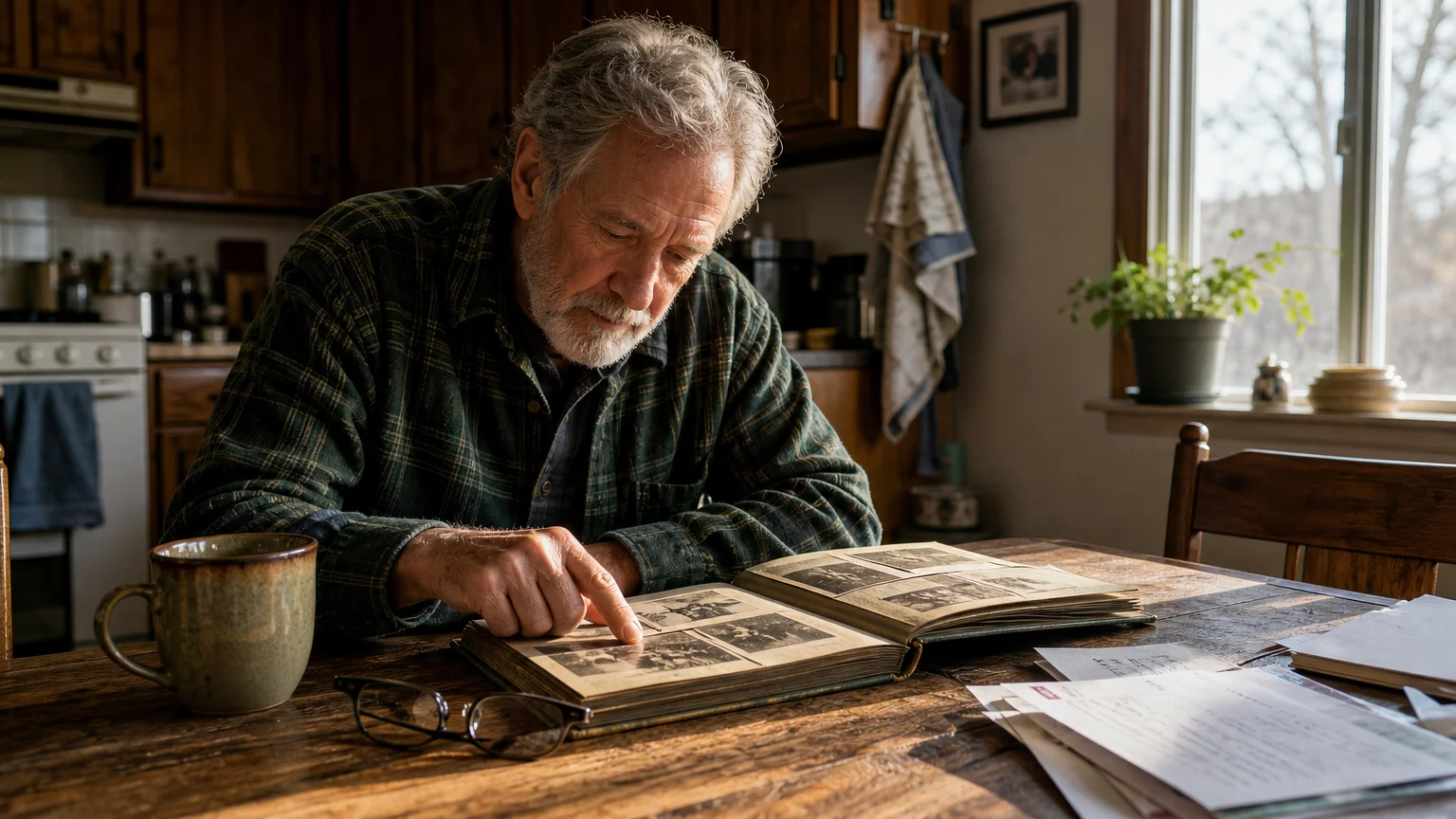 An authentic, wide-angle photo of an older man looking through a photo album at his kitchen table in the afternoon light.
