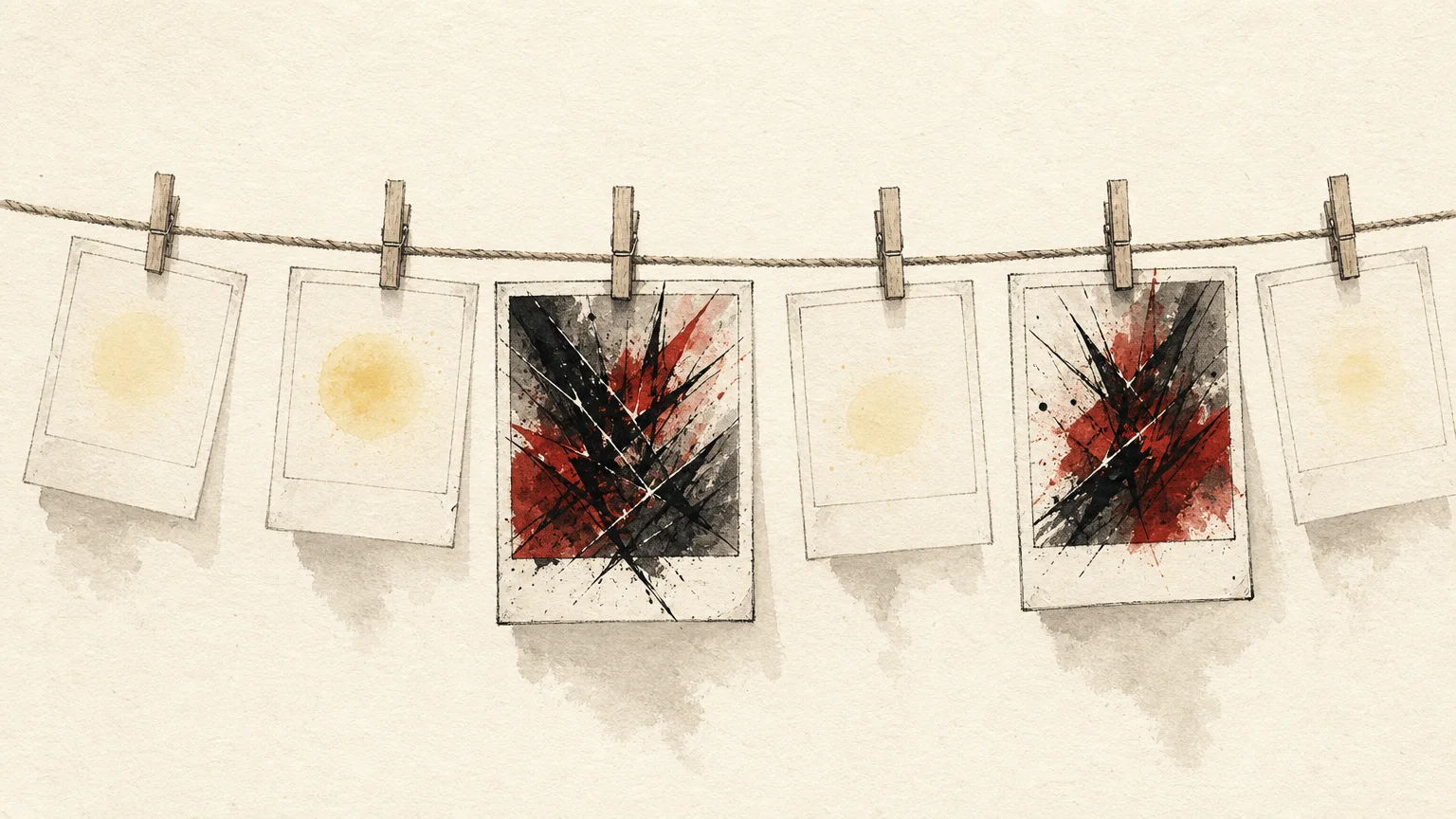 An editorial illustration of polaroid frames hanging on a line, some filled with dark red jagged shapes and others with fading yellow circle