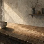 An editorial watercolor illustration of a long wooden table with a single steaming teacup on one side and an empty ring mark on the other.