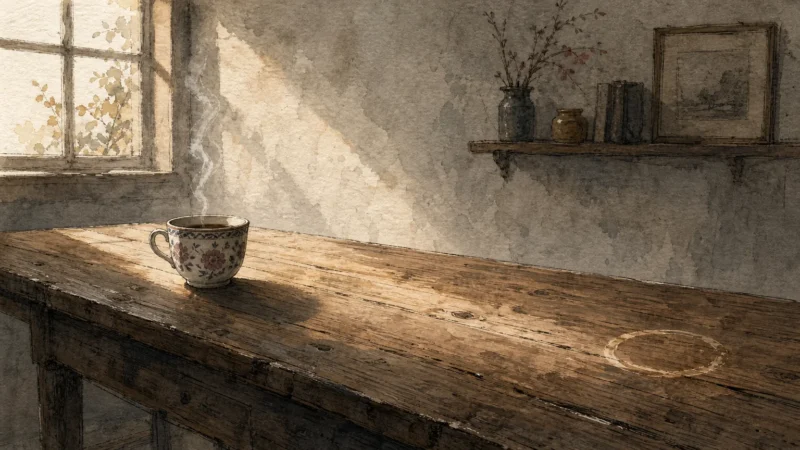 An editorial watercolor illustration of a long wooden table with a single steaming teacup on one side and an empty ring mark on the other.