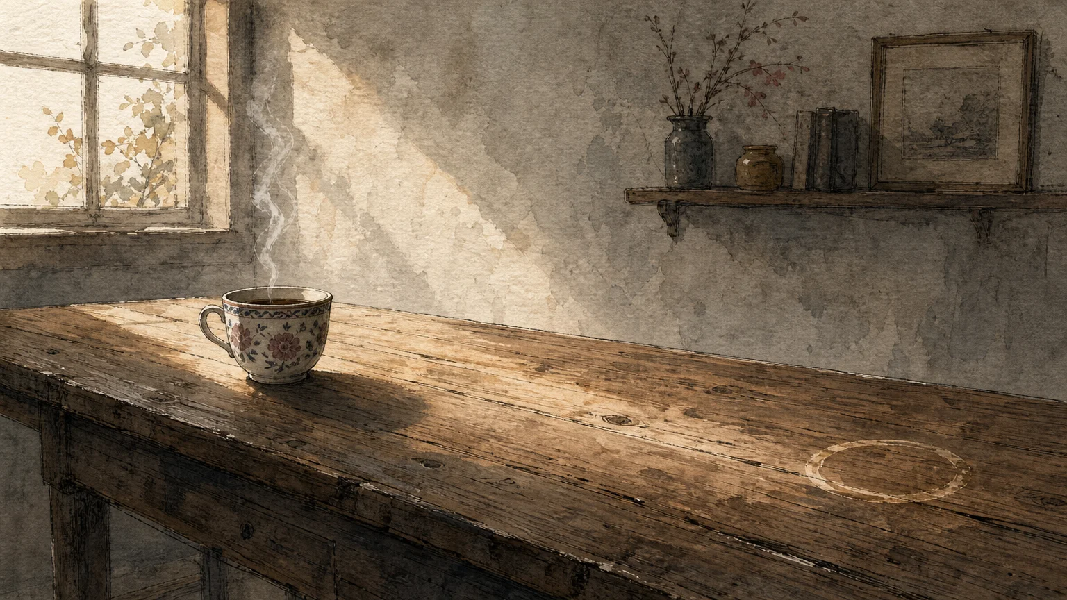 An editorial watercolor illustration of a long wooden table with a single steaming teacup on one side and an empty ring mark on the other.