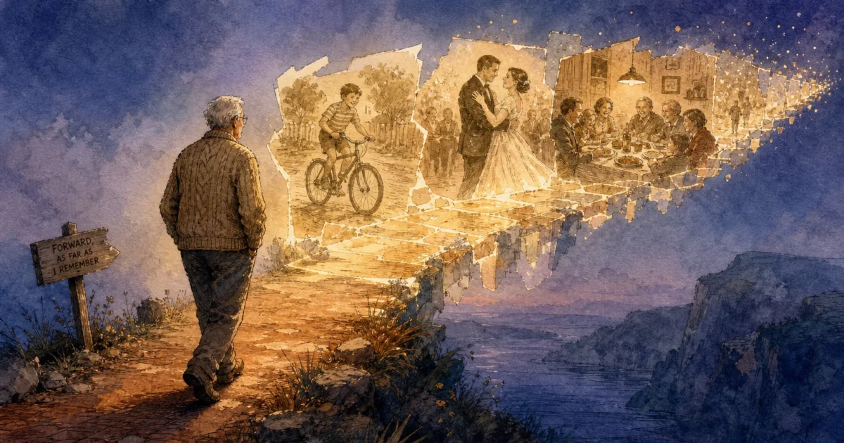 An editorial watercolor illustration of an older adult walking along a pathway supported by a glowing bridge of floating memory fragments.