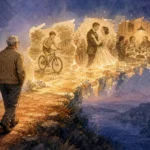 An editorial watercolor illustration of an older adult walking along a pathway supported by a glowing bridge of floating memory fragments.