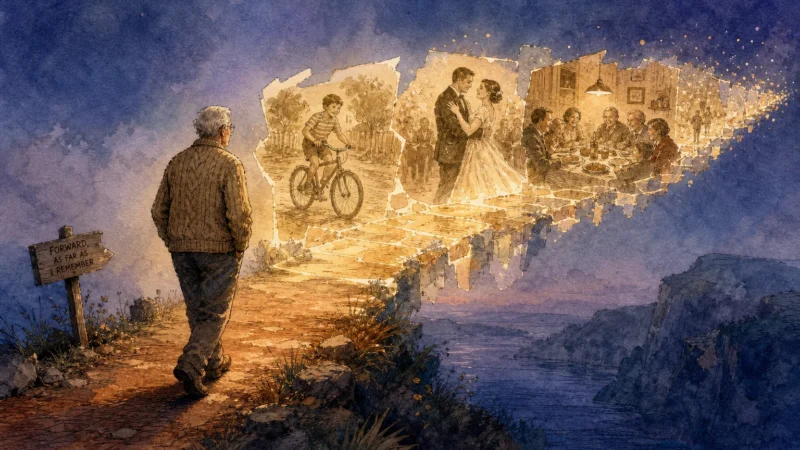 An editorial watercolor illustration of an older adult walking along a pathway supported by a glowing bridge of floating memory fragments.