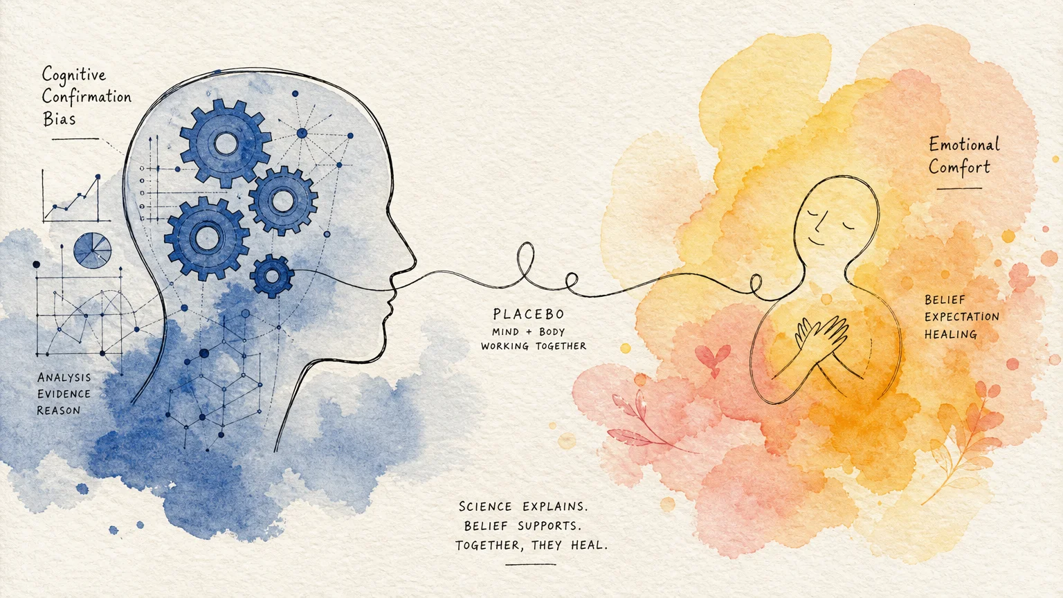 An editorial watercolor illustration showing a conceptual balance between cognitive bias and emotional comfort.