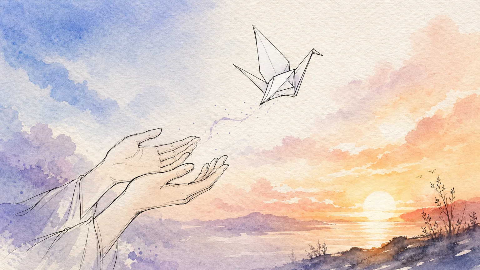 An elegant watercolor illustration of hands releasing a white origami bird into a soft, colorful sky.