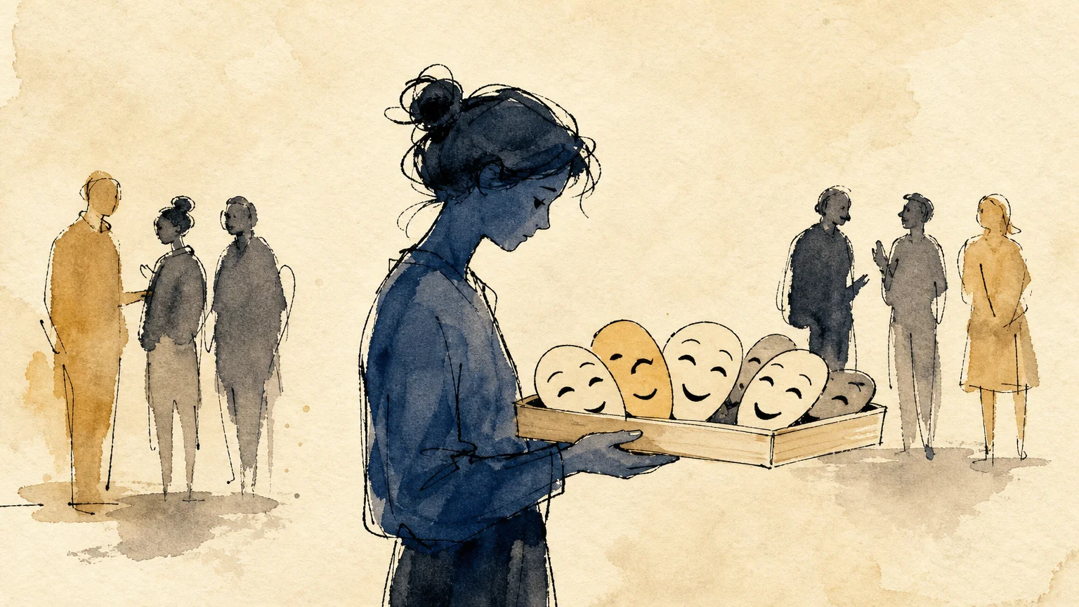 An illustration of a person holding a tray of painted smiling masks, symbolizing people-pleasing.