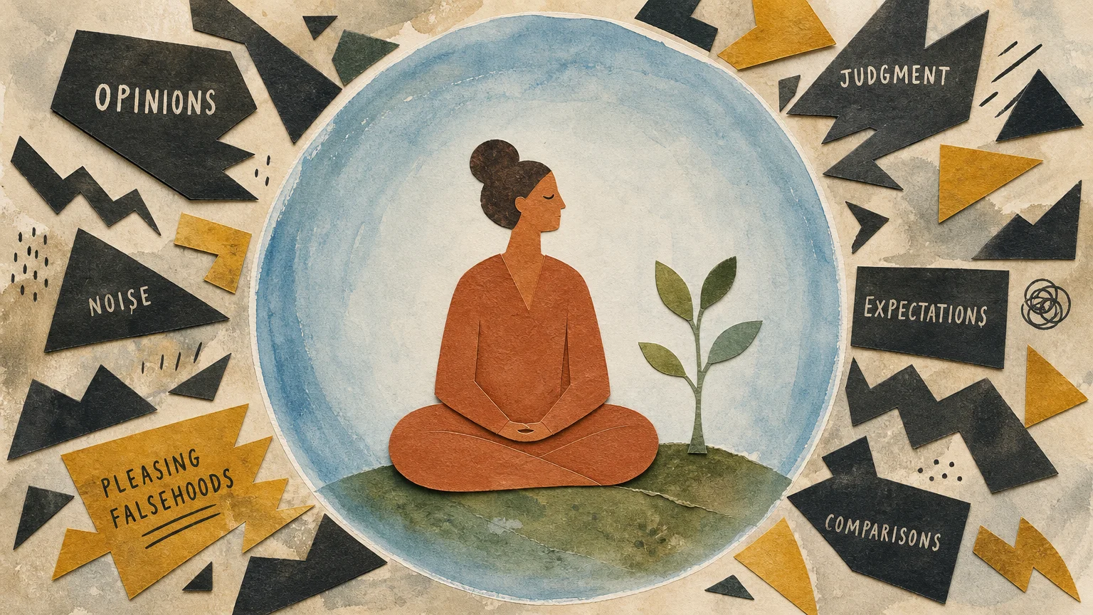 An illustration of a serene figure inside a protective blue circular boundary, shielded from sharp shapes.