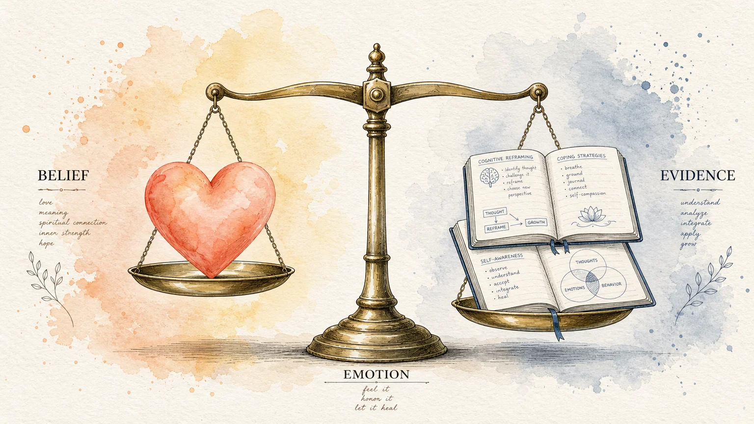 An ink and watercolor illustration of a brass balance scale holding a glowing coral heart on one side and blue notebooks on the other.