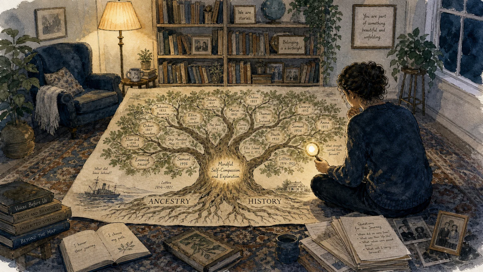 An ink and watercolor illustration of a person exploring a sprawling, artistic family tree on their living room floor.