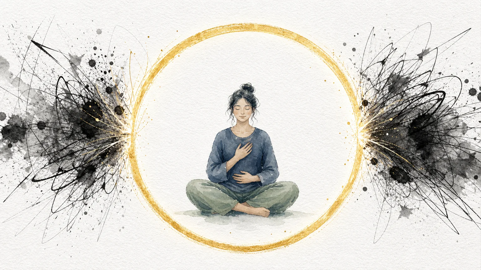 An ink and watercolor illustration of a person sitting peacefully inside a protective golden circle, deflecting chaotic black scribbles.