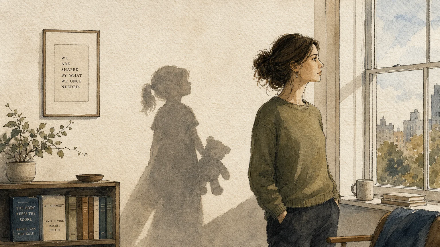 An ink and watercolor illustration of a woman looking out a window, her shadow on the wall taking the shape of a small child.
