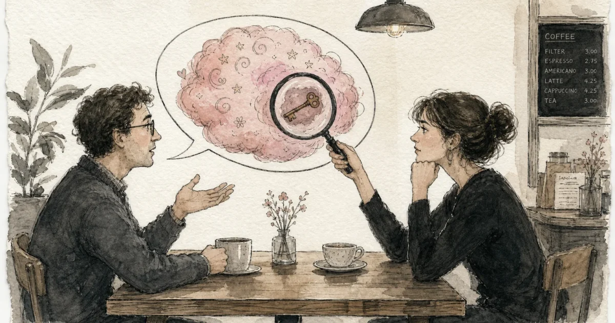 An ink and watercolor illustration of two people at a table, with a magnifying glass revealing a key inside a cotton candy speech bubble.