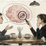 An ink and watercolor illustration of two people at a table, with a magnifying glass revealing a key inside a cotton candy speech bubble.