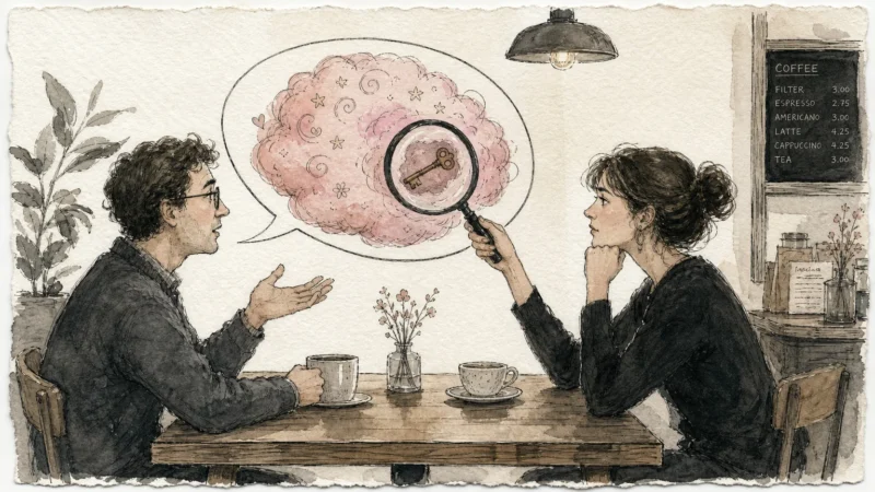 An ink and watercolor illustration of two people at a table, with a magnifying glass revealing a key inside a cotton candy speech bubble.