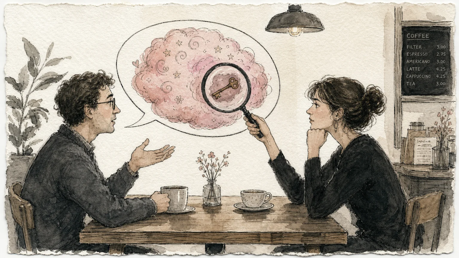 An ink and watercolor illustration of two people at a table, with a magnifying glass revealing a key inside a cotton candy speech bubble.