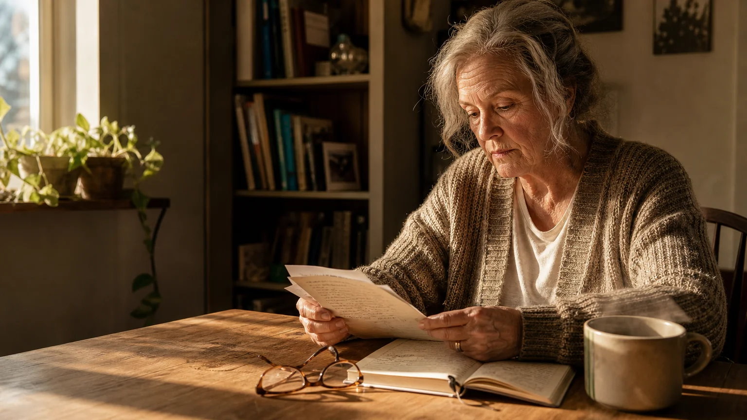 An older woman sits at a wooden kitchen table in warm afternoon light, reflecting on her thoughts with a journal and a cup of tea.