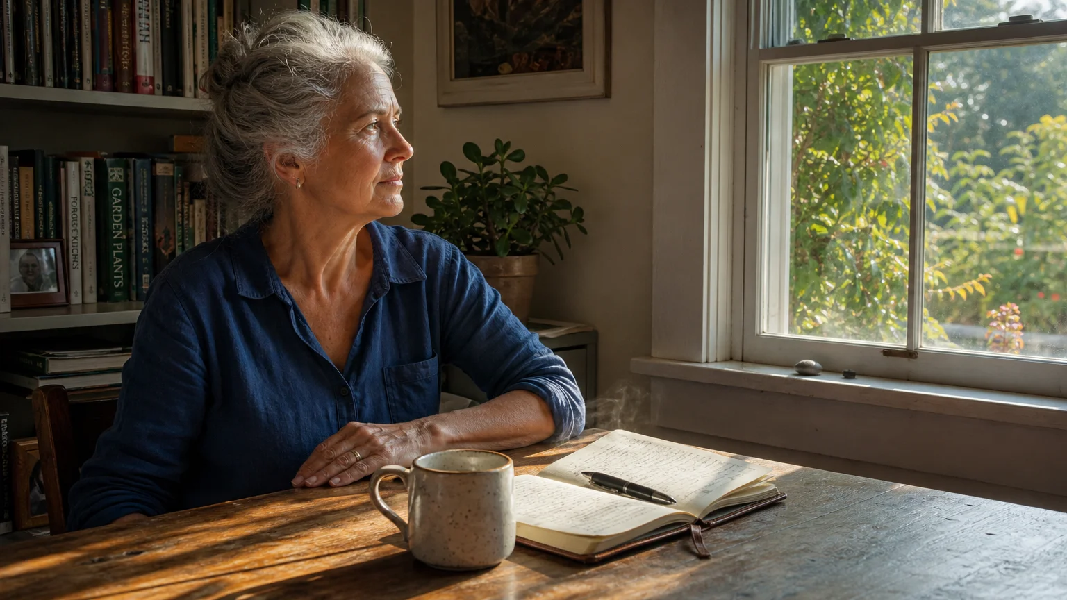 An older woman sits thoughtfully at a sunlit kitchen table with a mug of tea, reflecting on her relationships and intuition.