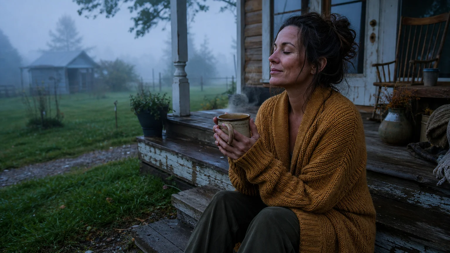 Candid photo of a woman sitting on a weathered wooden porch at dawn, holding a warm mug in the morning mist.