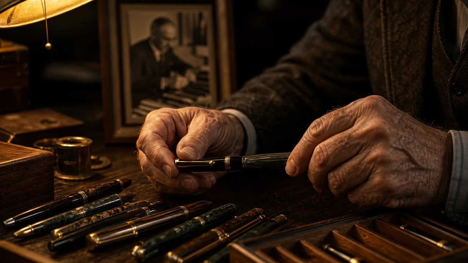 Close-up of a man's hands organizing pens on a desk, capturing a specific inherited behavioral trait.
