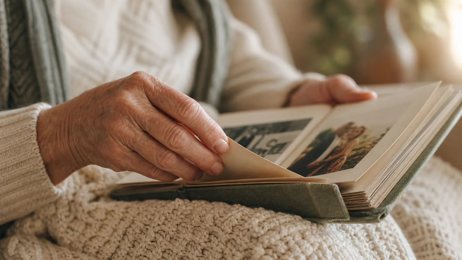 Close-up of gentle hands turning the pages of a green linen photo album resting on a cozy knit blanket in soft morning light.