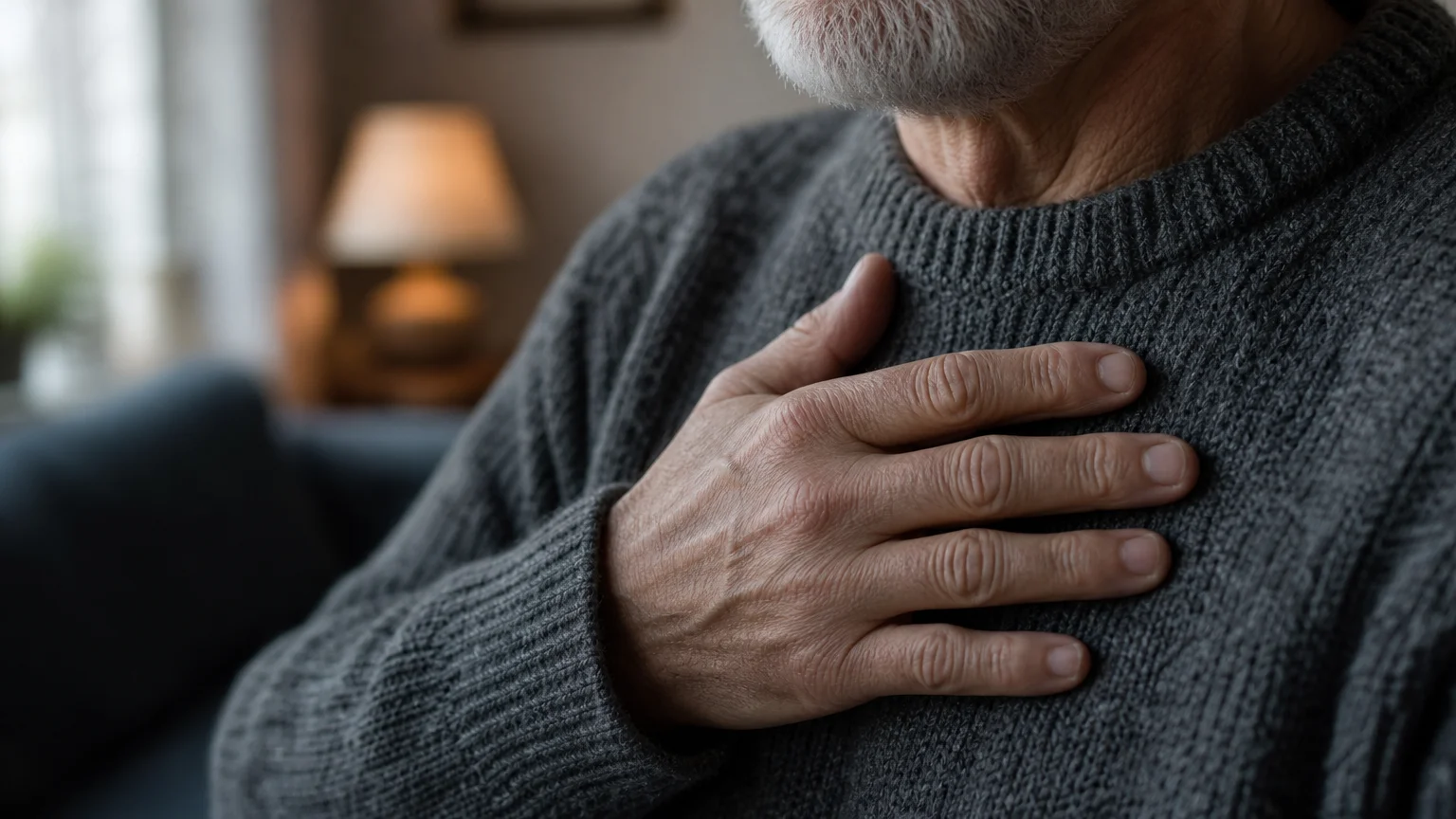 Close-up photo of a hand resting gently over a heart on a textured wool sweater, capturing a moment of sudden peace.