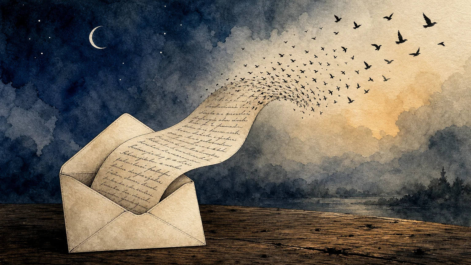 Ink and watercolor editorial illustration of an open envelope with letters turning into a flock of birds flying into an indigo night sky.