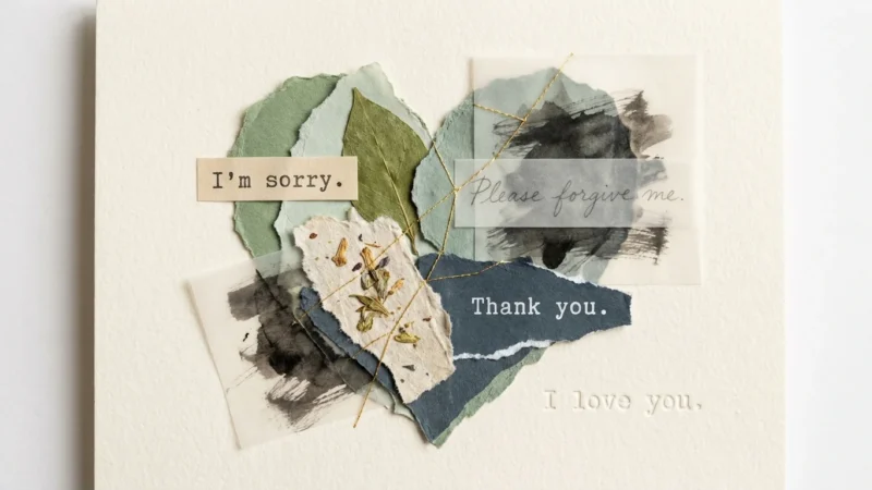 Mixed media collage with a torn paper heart, tropical leaves, and the Ho'oponopono phrases: I'm sorry, please forgive me, thank you, I love