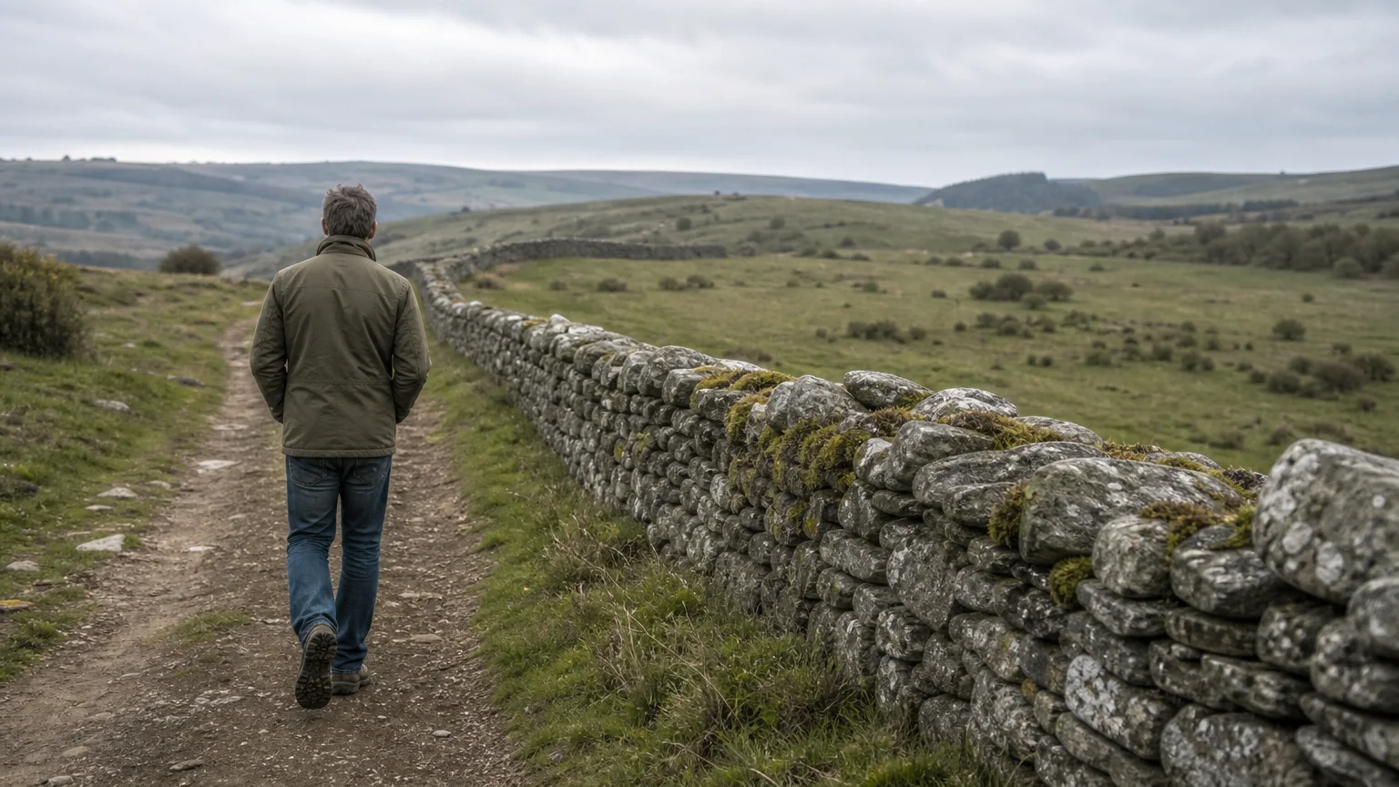Photo of a person walking along a clear dirt path bordered by a rustic stone wall, representing healthy boundaries.