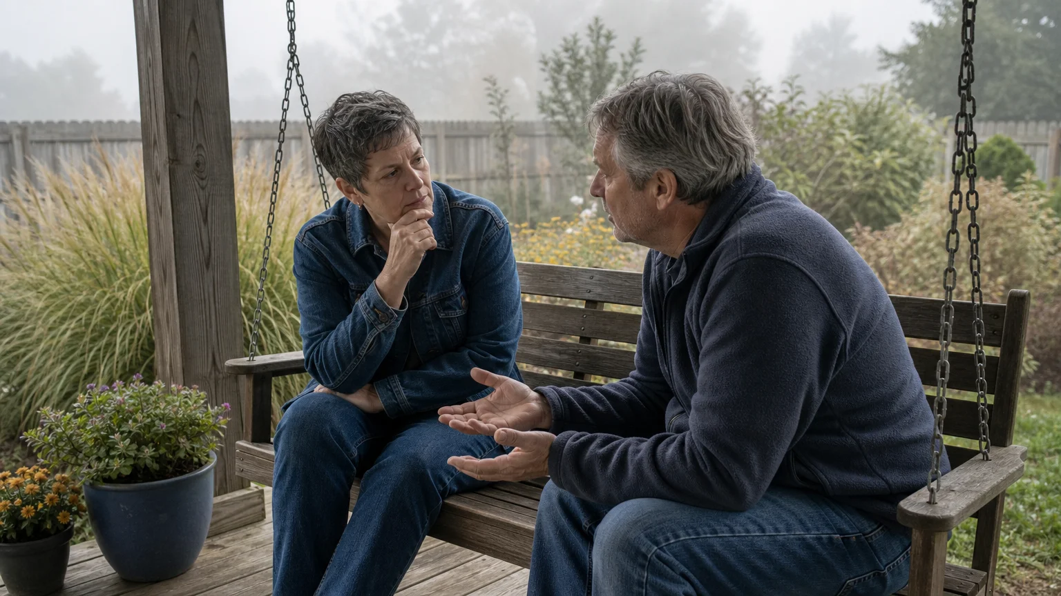 Two people have a supportive conversation on a porch, surrounded by a peaceful garden and a wooden fence.