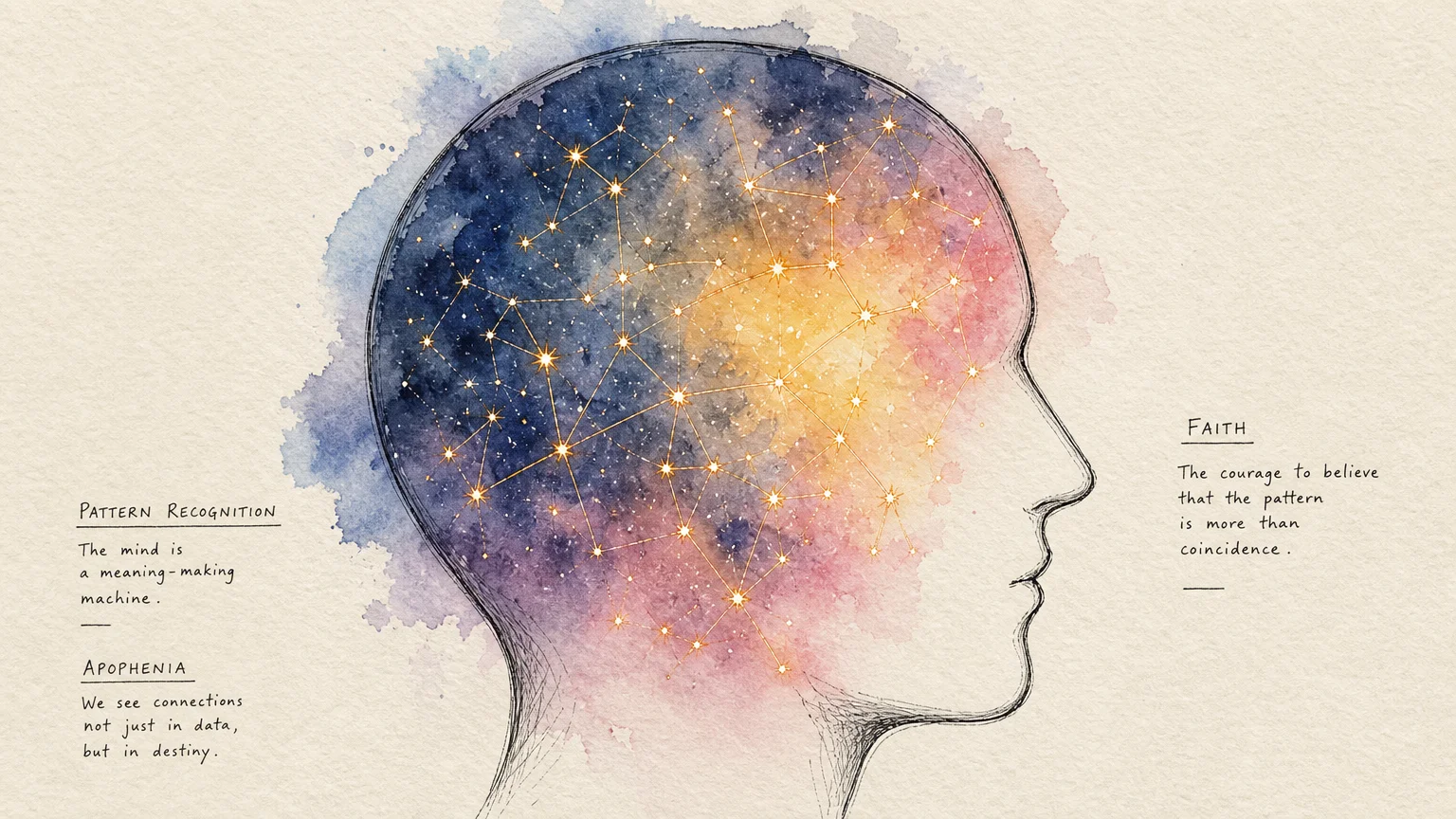 Watercolor and ink illustration of a human silhouette filled with a glowing constellation map, symbolizing pattern recognition.