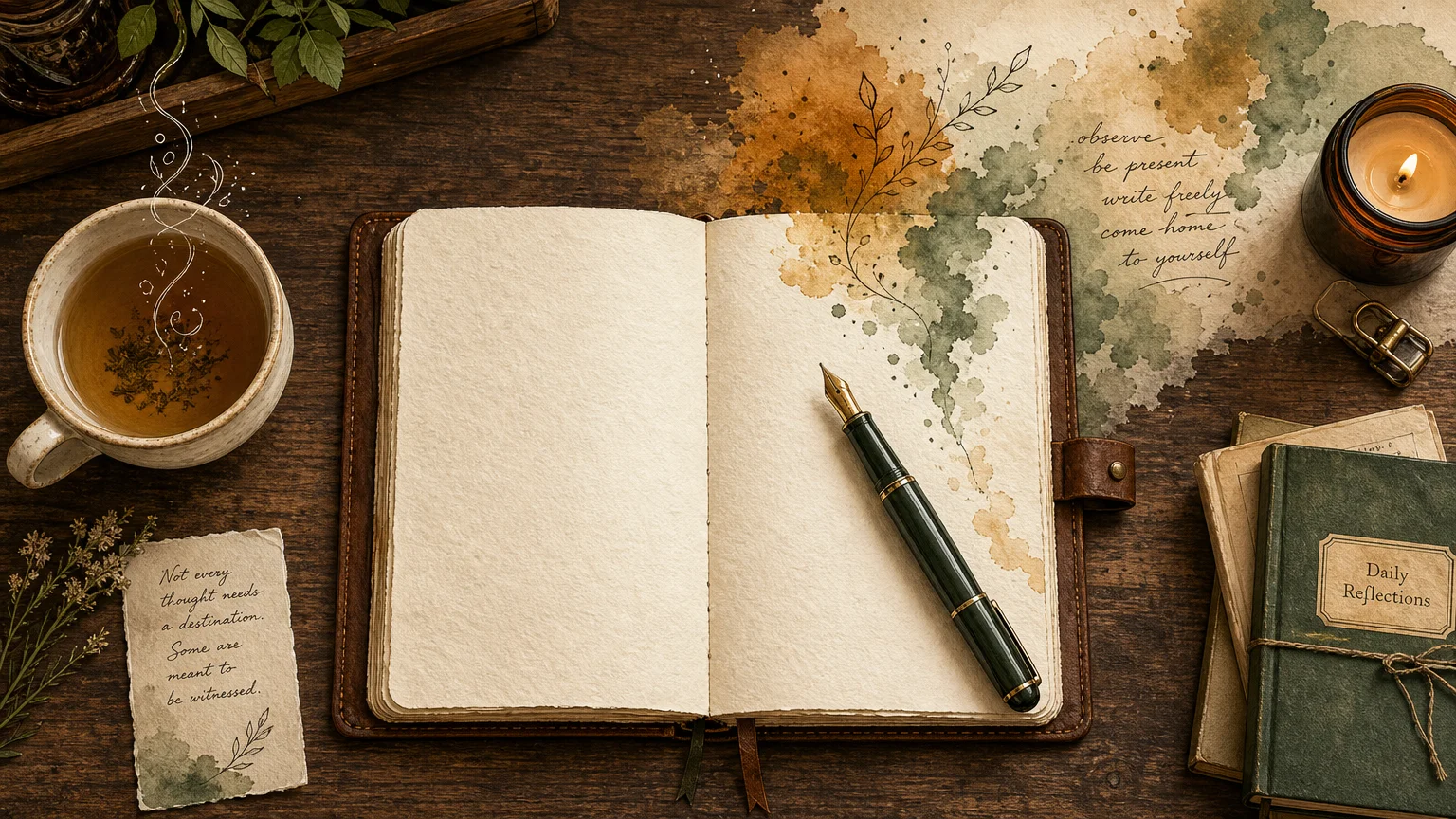 Watercolor and ink illustration of an open journal and a fountain pen on a rustic wooden desk, suggesting safe self-reflection.