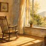 Watercolor illustration of warm golden light streaming through an open window onto an empty wooden rocking chair in a quiet room.