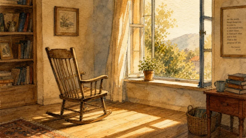 Watercolor illustration of warm golden light streaming through an open window onto an empty wooden rocking chair in a quiet room.