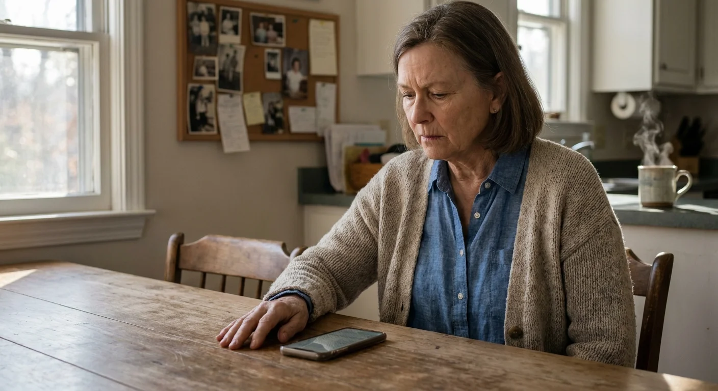 A candid photograph of an older woman looking pensively at her phone at a kitchen table in warm afternoon light.