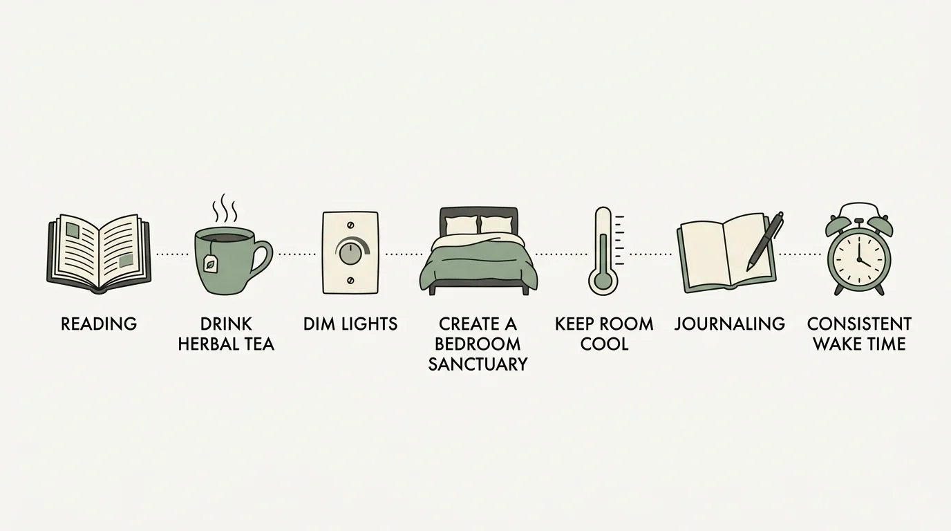 A clean, horizontal infographic showing seven icons for healthy sleep habits, including reading, tea, and cool room temp.