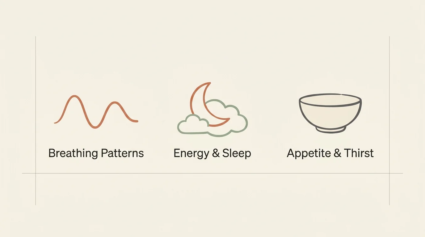A clean, minimalist infographic showing three gentle icons labeled Breathing Patterns, Energy & Sleep, and Appetite & Thirst.