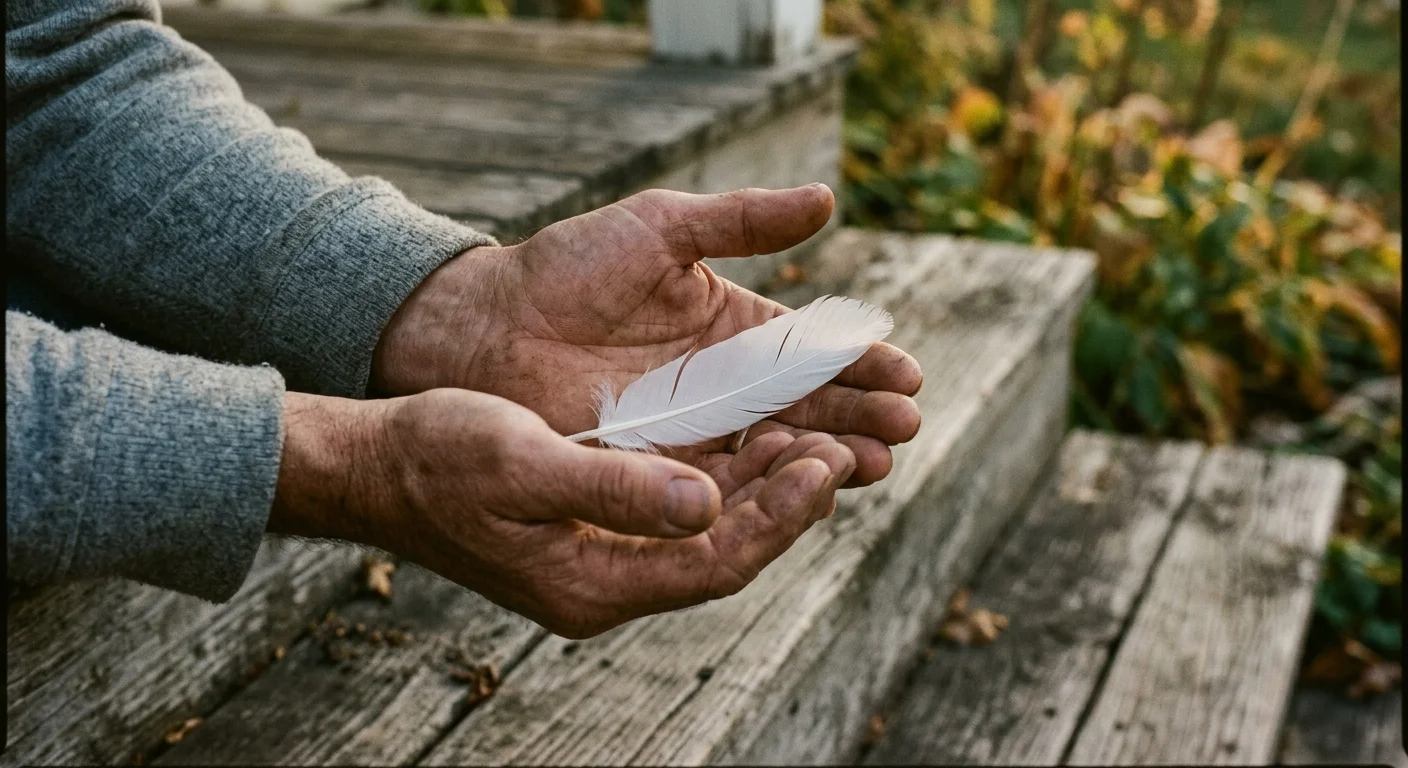 A close-up 35mm film photo of weathered hands gently holding a small white feather on a rustic wooden step.