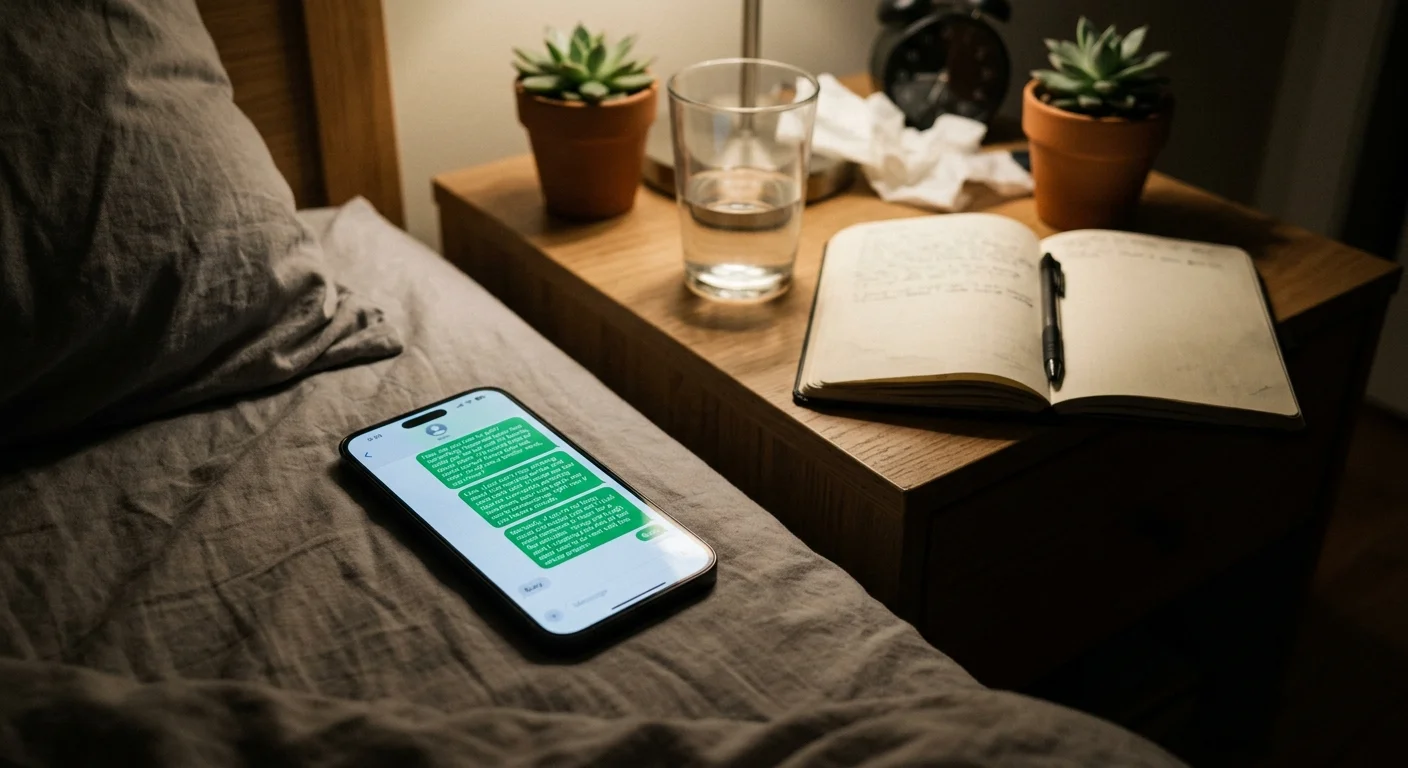 A close-up of a smartphone on a bed showing a long sent text message met with a single, short response of 'Busy.'