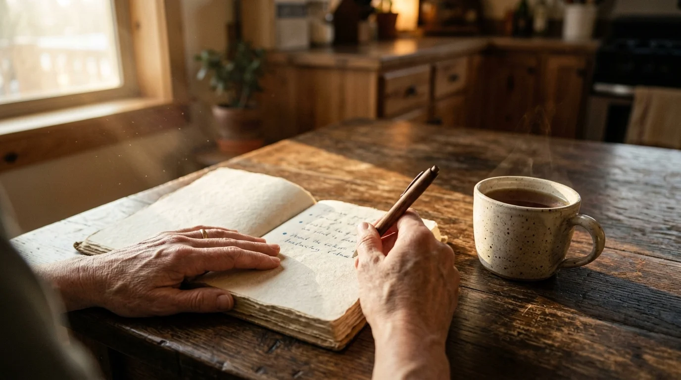 A close-up photograph of a person's hands writing in a journal on a sunlit wooden table next to a warm ceramic mug.