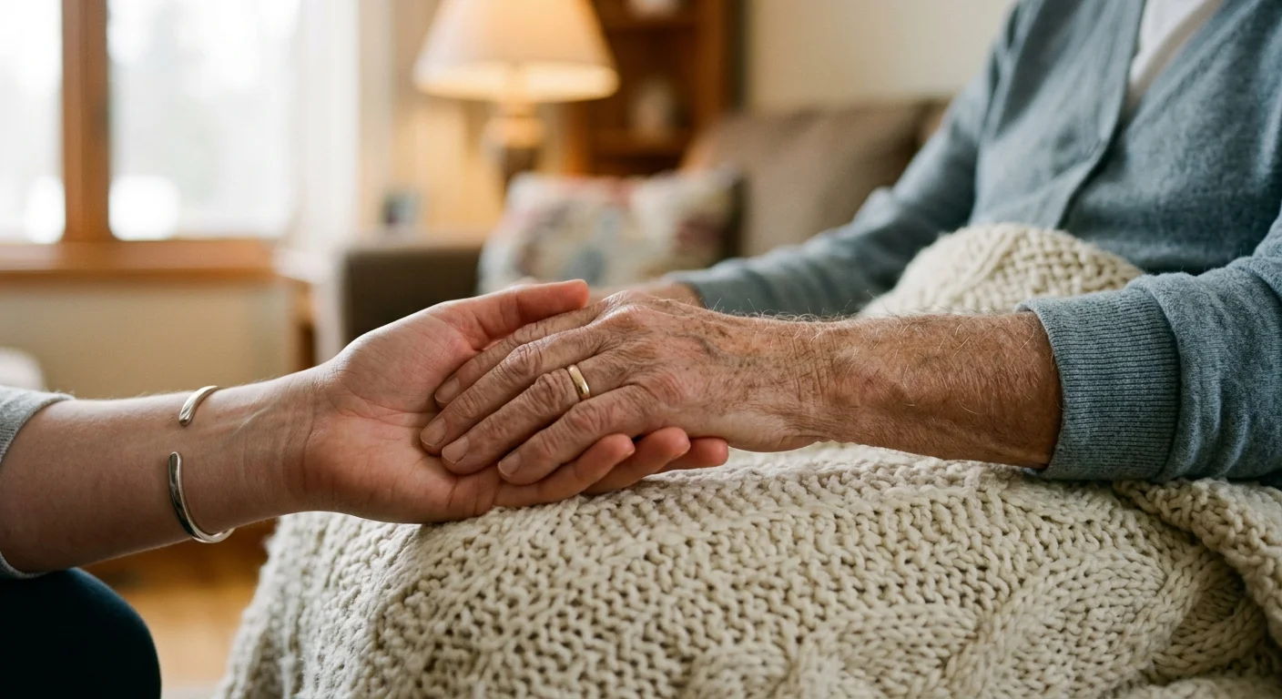 A close-up photograph of a younger hand gently cradling an older, weathered hand on a warm, soft blanket in gentle morning light.