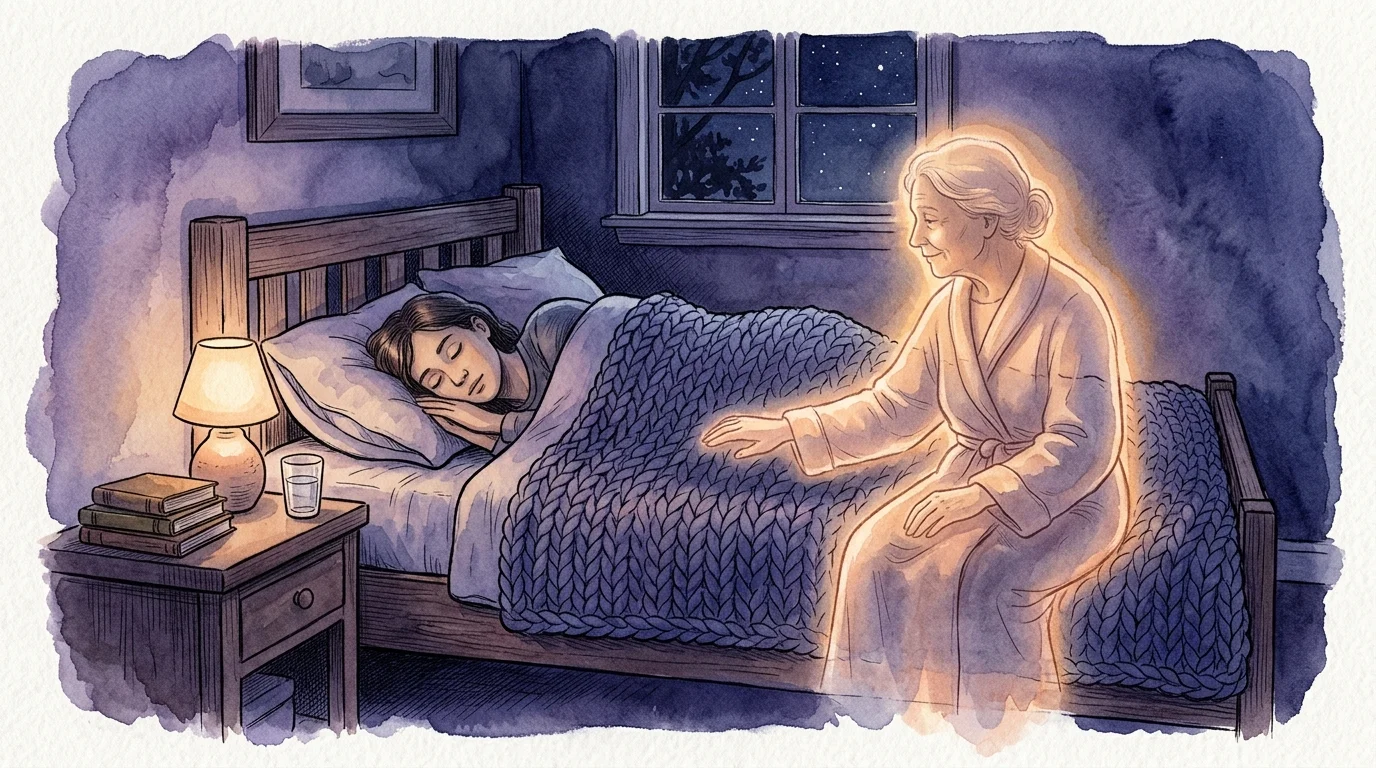 A comforting watercolor illustration of a person sleeping peacefully while a glowing, gentle spirit sits at the foot of the bed.